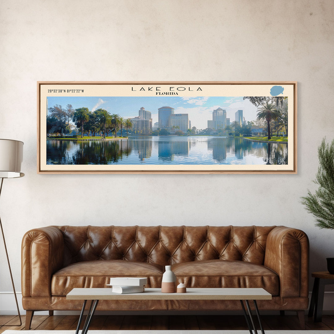 Lake Eola Florida Framed Canvas Print, Lake House Decor, Panoramic Wall Art, Travel Poster, Scenic Lake Painting, Nature Art