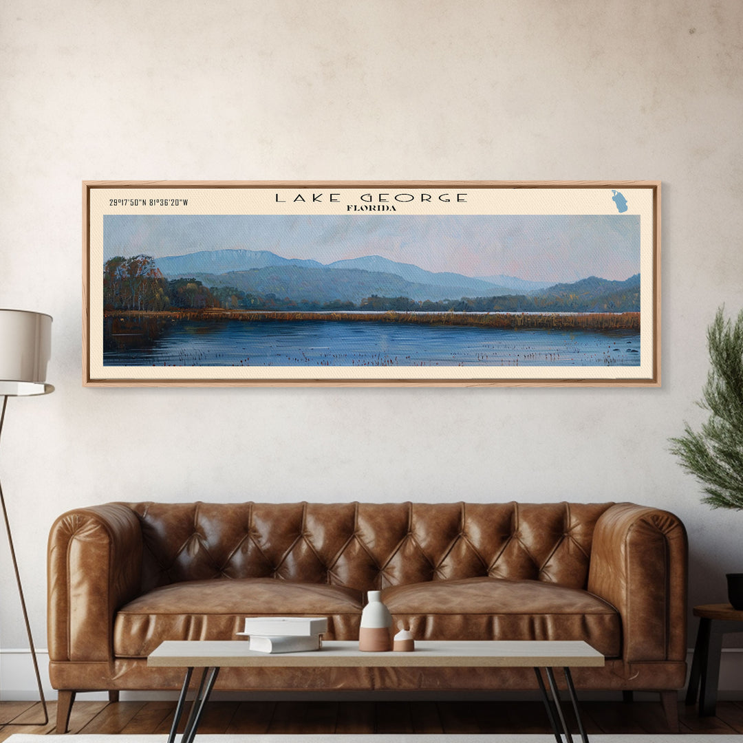 Lake George Framed Canvas Print, Lake House Decor, Panoramic Wall Art, Travel Poster, Serene Lake Painting, Nature Art