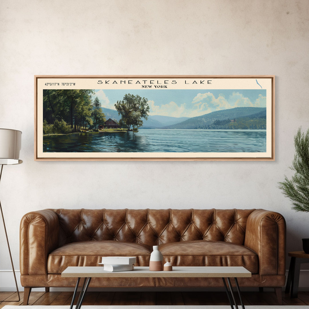 Skaneateles Lake New York Panoramic Framed Canvas Print, Lake House Decor, Wall Art, Travel Poster, Scenic Landscape, Living Room Decor