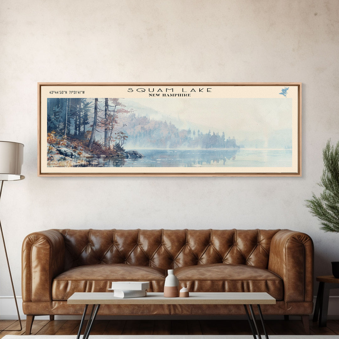 Squam Lake New Hampshire Panoramic Framed Canvas Print, Lake House Decor, Wall Art, Travel Poster, Scenic Landscape, Living Room Decor