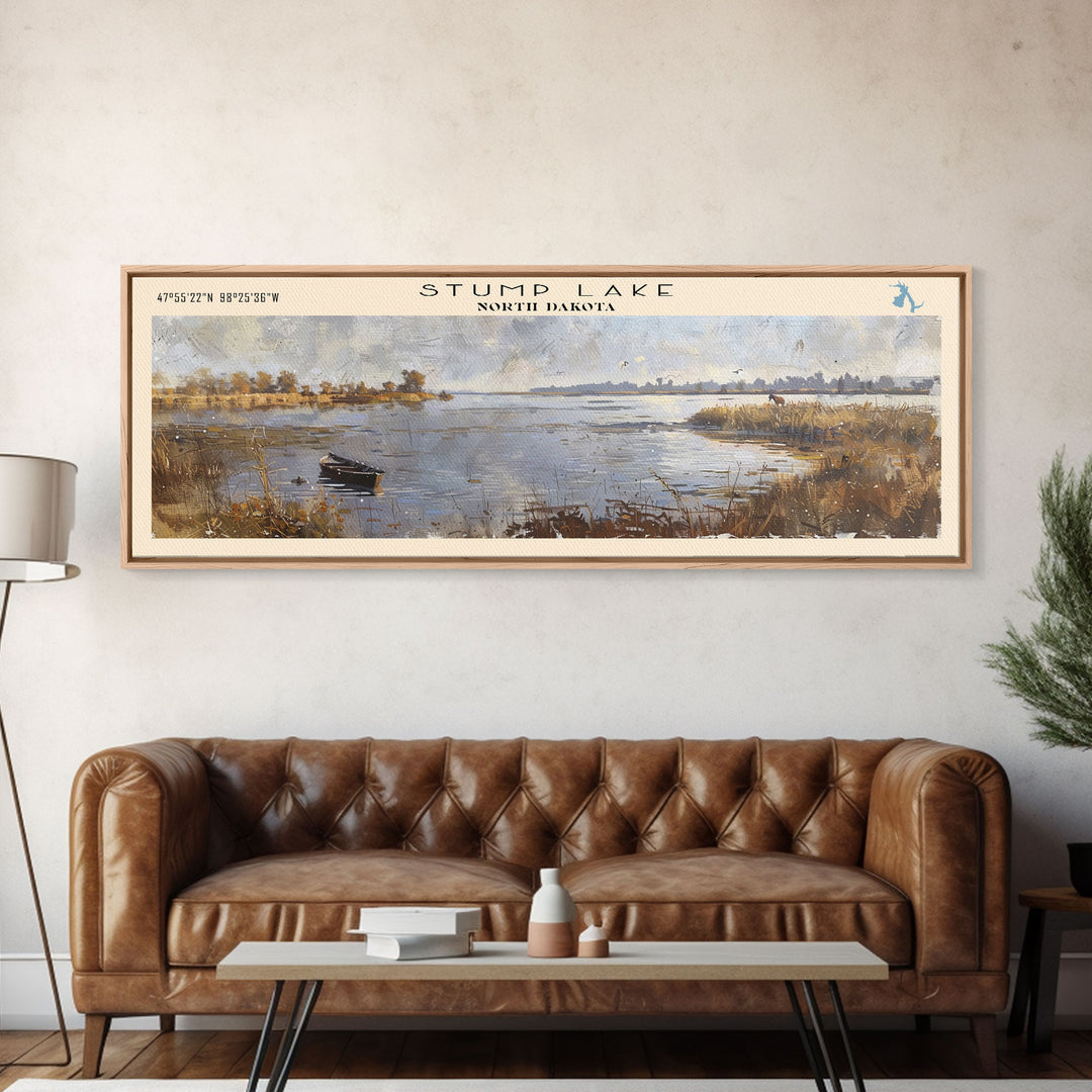 Stump Lake North Dakota Panoramic Wall Art, Framed Canvas Print, Lake House Decor, Travel Poster, Beautiful Lake Scene, Bedroom Decor