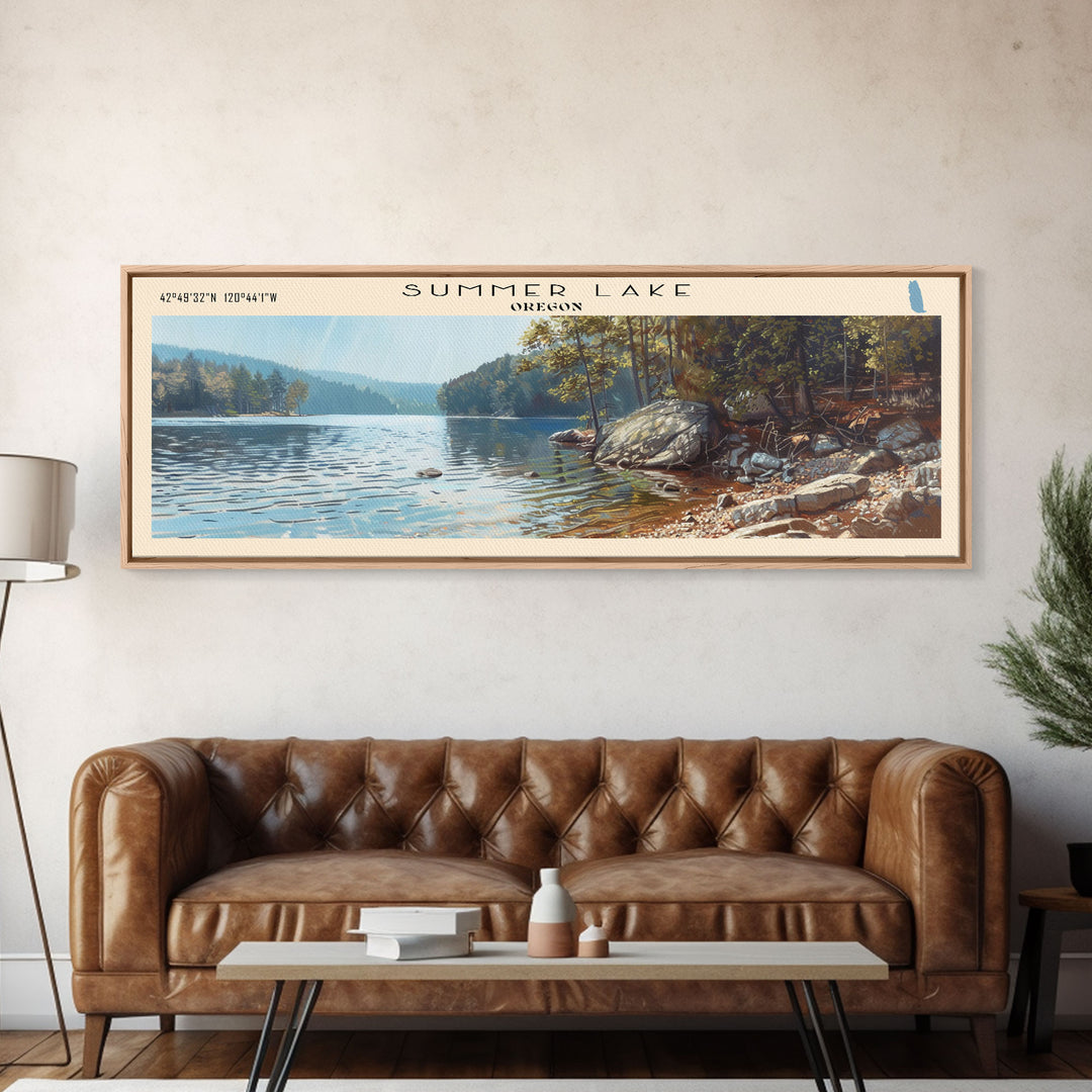 Summer Lake Panoramic Wall Art, Framed Canvas Print, Lake House Decor, Travel Poster, Serene Landscape, Bedroom Decor, Beautiful Lake Art