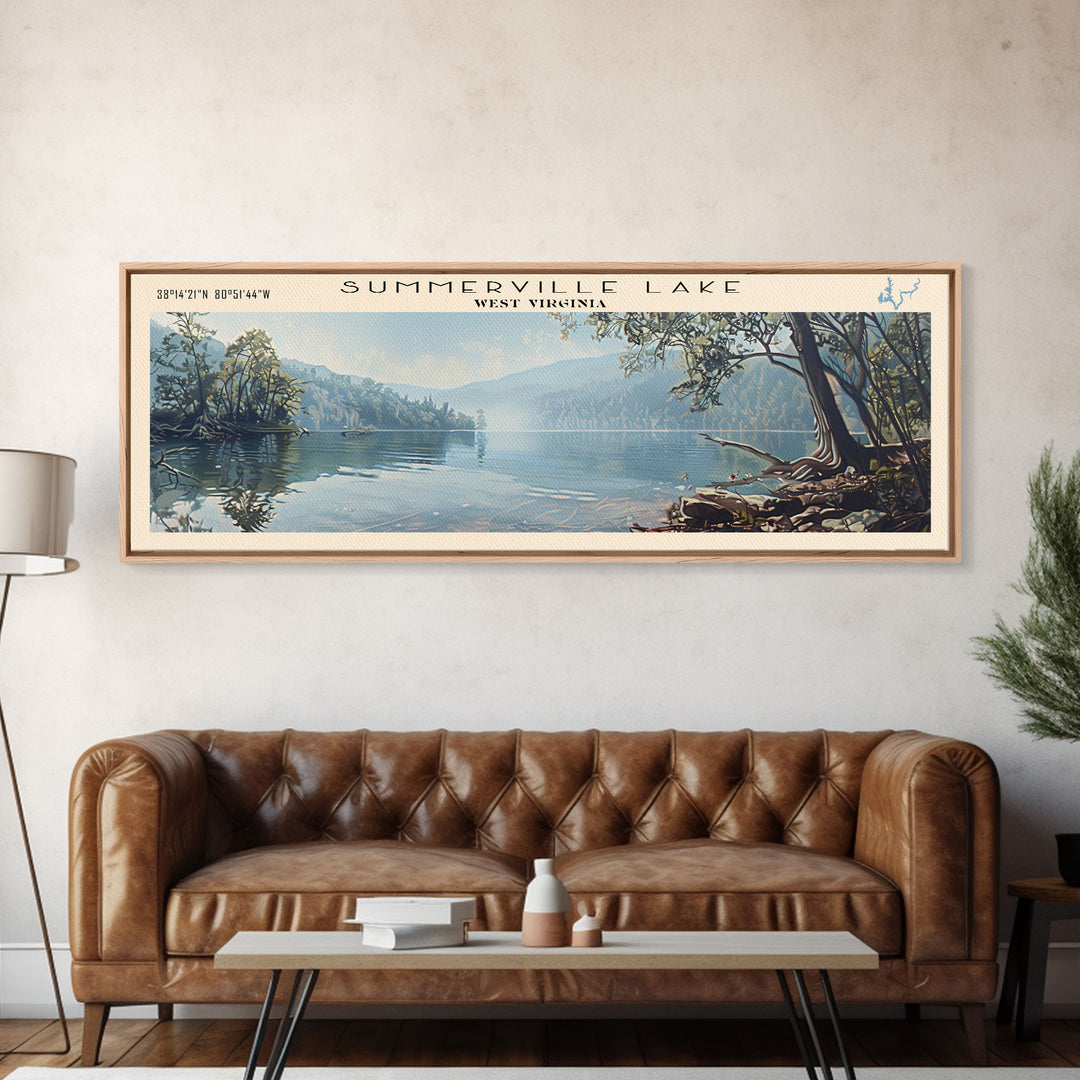 Summerville Lake West Virginia Panoramic Wall Art, Framed Canvas Print, Lake House Decor, Travel Poster, Scenic Lake Painting, Living Room Decor