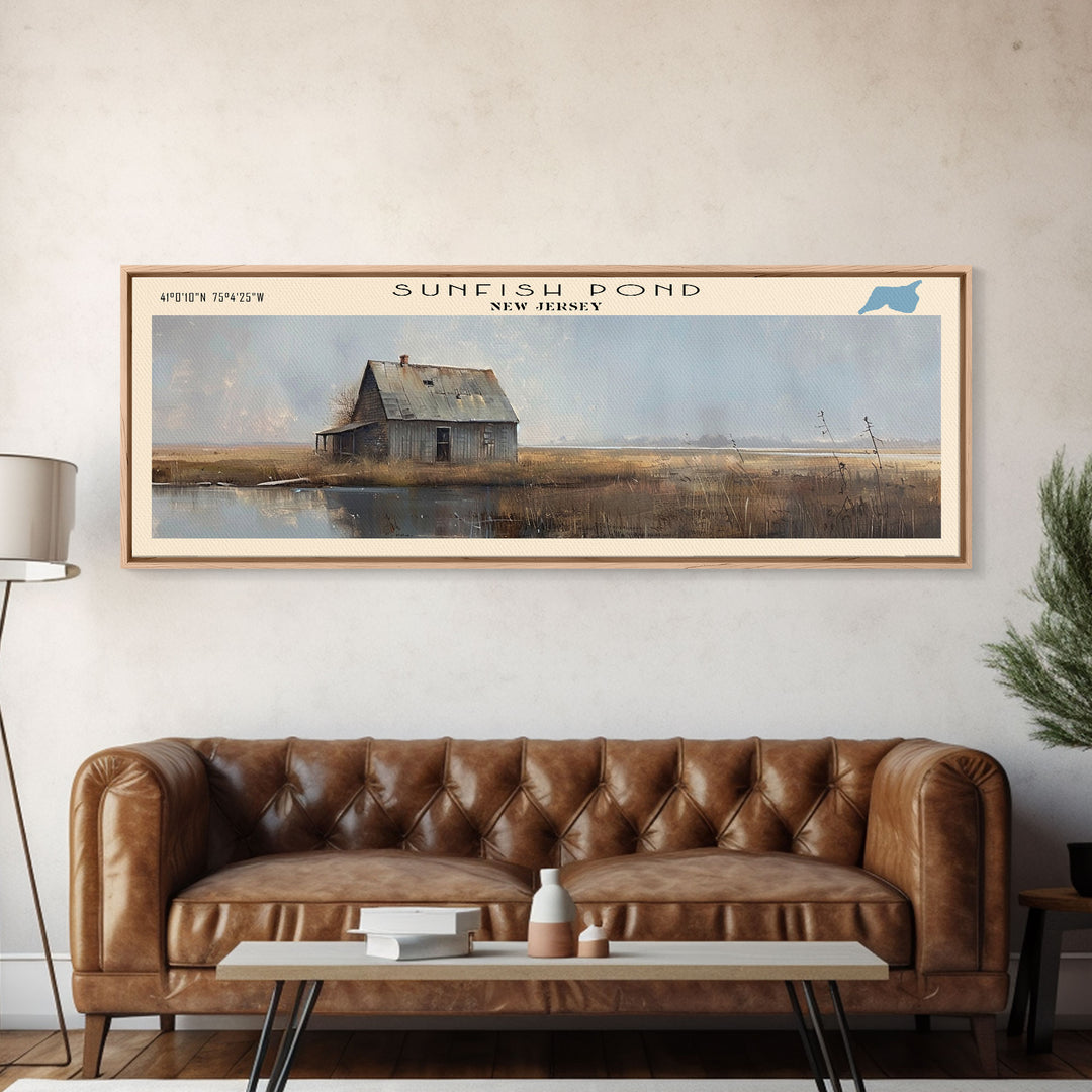 Sunfish Pond New Jersey Panoramic Wall Art, Framed Canvas Print, Lake House Decor, Travel Poster, Serene Lake Scene, Living Room Decor