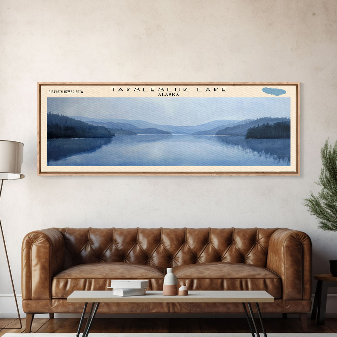 Takslesluk Lake Panoramic Wall Art, Framed Canvas Print, Lake House Decor, Travel Poster, Serene Lake Scene, Living Room Decor