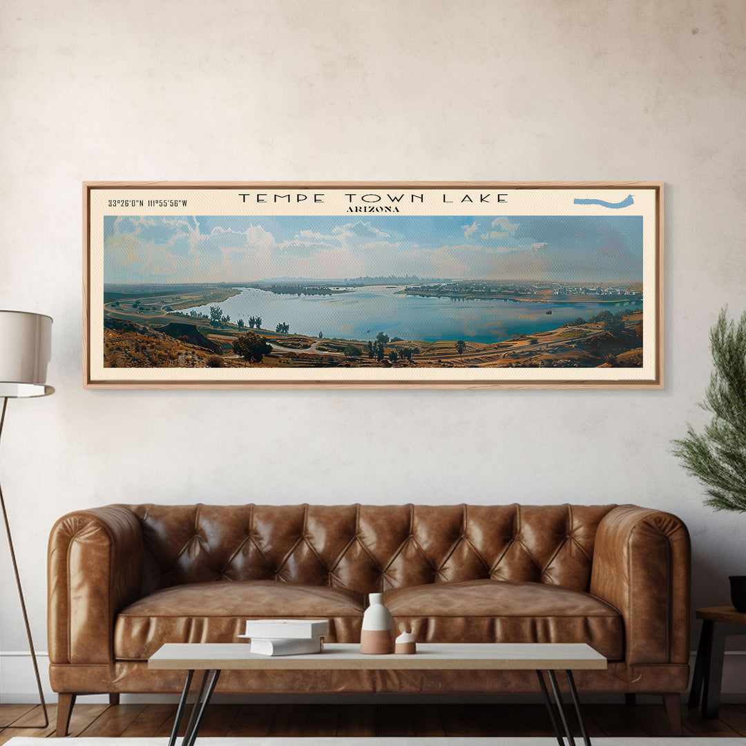 Tempe Town Lake Arizona Panoramic Wall Art, Framed Canvas Print, Lake House Decor, Travel Poster, Scenic Lake Scene, Living Room Decor, Bedroom Art