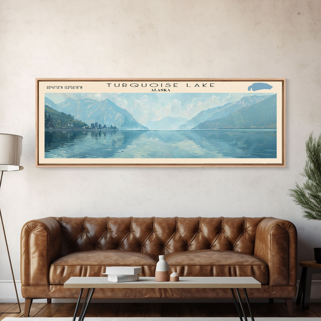 Turquoise Lake Panoramic Wall Art, Framed Canvas Print, Lake House Decor, Travel Poster, Beautiful Lake Scene, Living Room Art