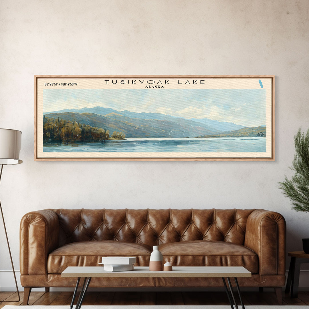 Tusikvoak Lake Panoramic Wall Art, Framed Canvas Print, Lake House Decor, Travel Poster, Serene Landscape, Home Decor