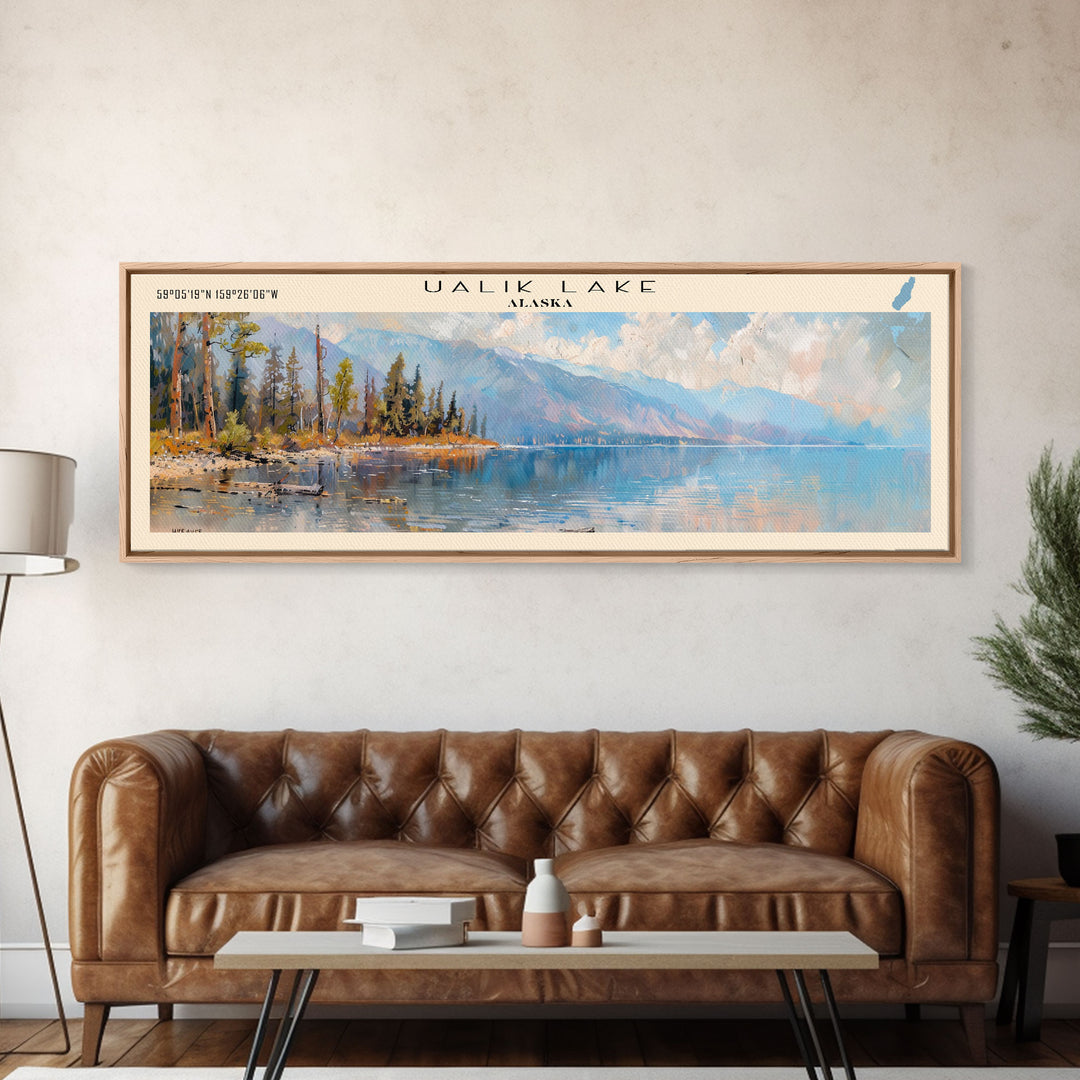 Ualik Lake Panoramic Wall Art, Framed Canvas Print, Lake House Decor, Travel Poster, Beautiful Lake Scene, Home Decor