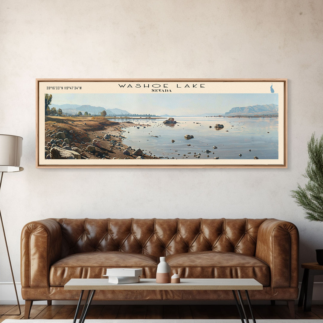 Washoe Lake Nevada Panoramic Wall Art, Framed Canvas Print, Lake House Decor, Travel Poster, Beautiful Lake Scene, Bedroom Decor