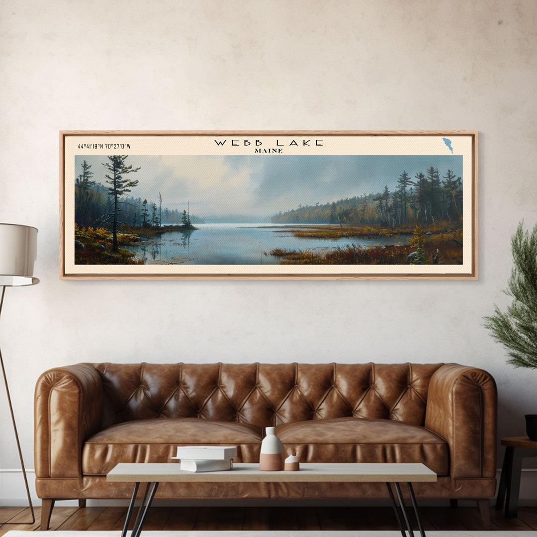 Webb Lake Maine Panoramic Wall Art, Framed Canvas Print, Lake House Decor, Travel Poster, Beautiful Lake Scene, Bedroom Decor