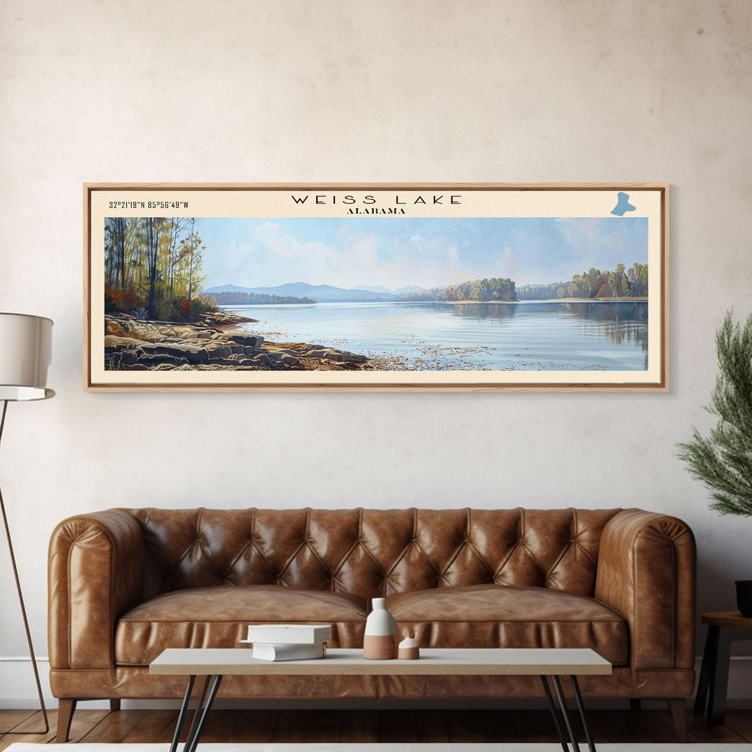 Weiss Lake Alabama Panoramic Wall Art, Framed Canvas Print, Lake House Decor, Travel Poster, Scenic Lake Scene, Bedroom Art