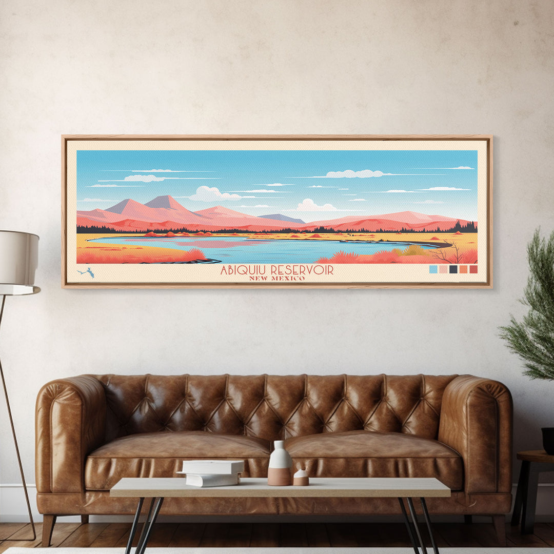 Abiquiu Reservoir New Mexico Framed Canvas Print, Panoramic Wall Art, Midcentury Modern, Pop Art, Travel Poster, Living Room Art