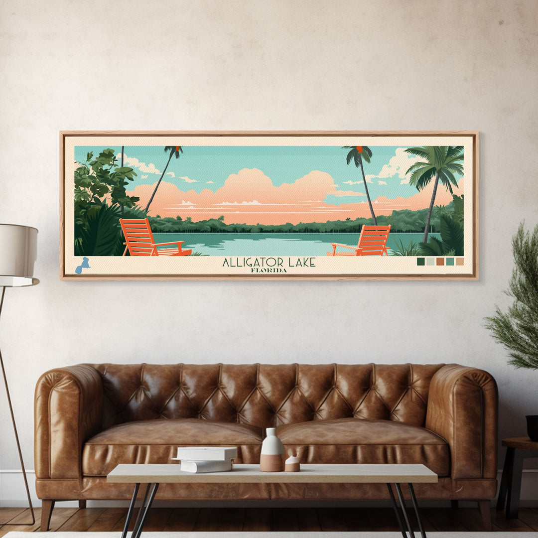 Alligator Lake Florida Framed Canvas Print, Panoramic Travel Poster, Pop Art, Midcentury Modern Wall Art, Scenic Bedroom Decor