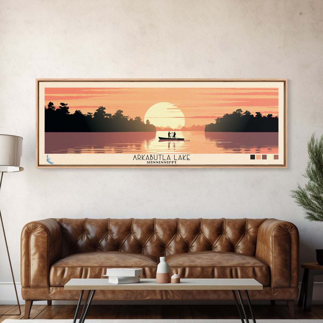 Arkabutla Lake Mississippi Framed Canvas Print, Panoramic Wall Art, Midcentury Modern, Pop Art, Travel Poster, Scenic Lake House Art