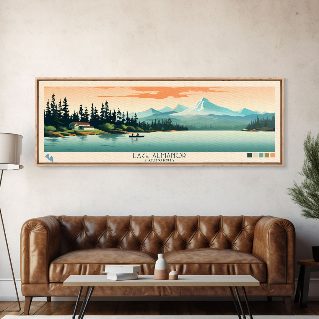 Lake Almanor California Framed Canvas Print, Panoramic Art, Midcentury Modern, Pop Art, Living Room Wall Art, Travel Poster, Lake House Decor