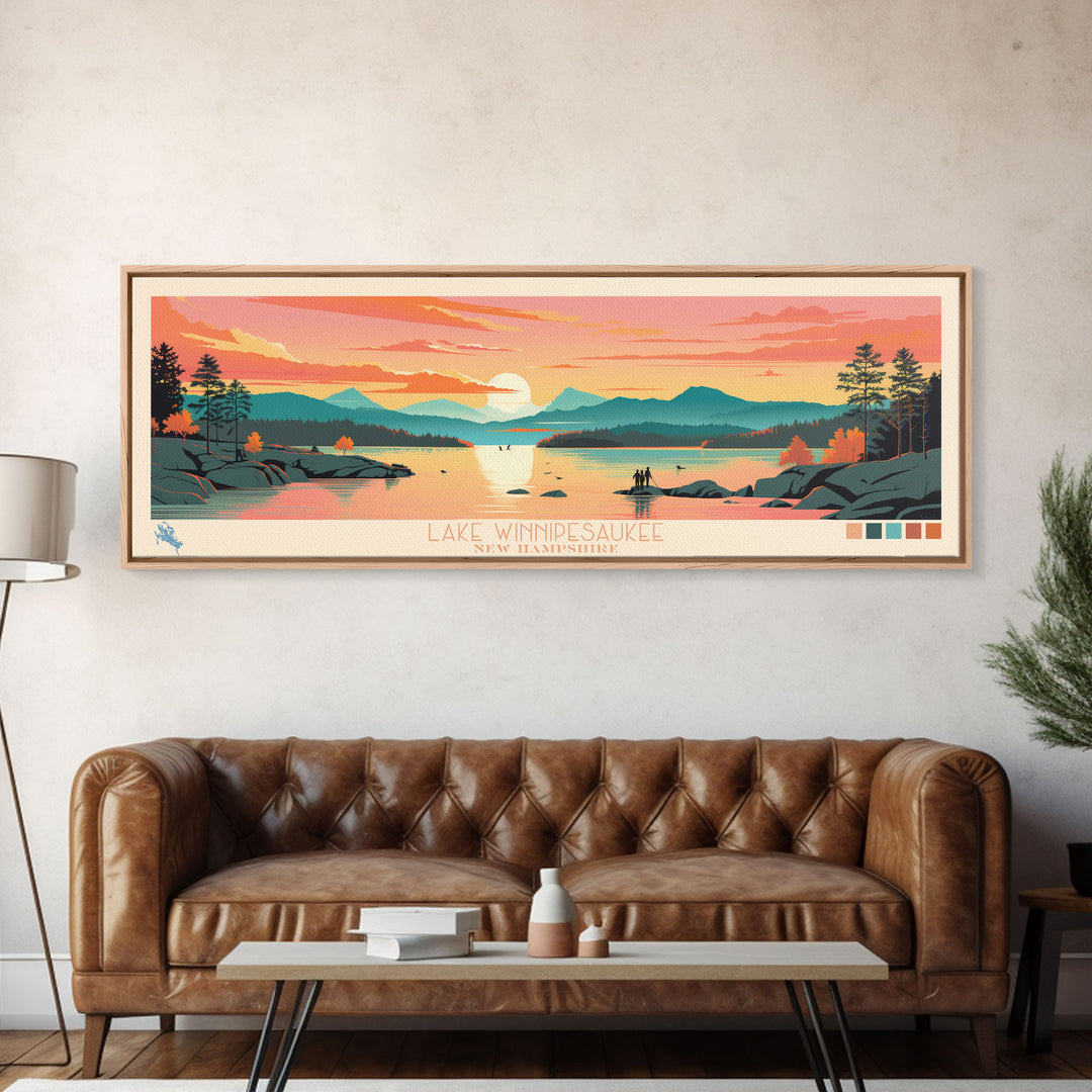 Lake Winnipesaukee, New Hampshire Panoramic Wall Art Framed Canvas Print, Midcentury Modern, Pop Art, Home Decor, Travel Poster, Living Room Art