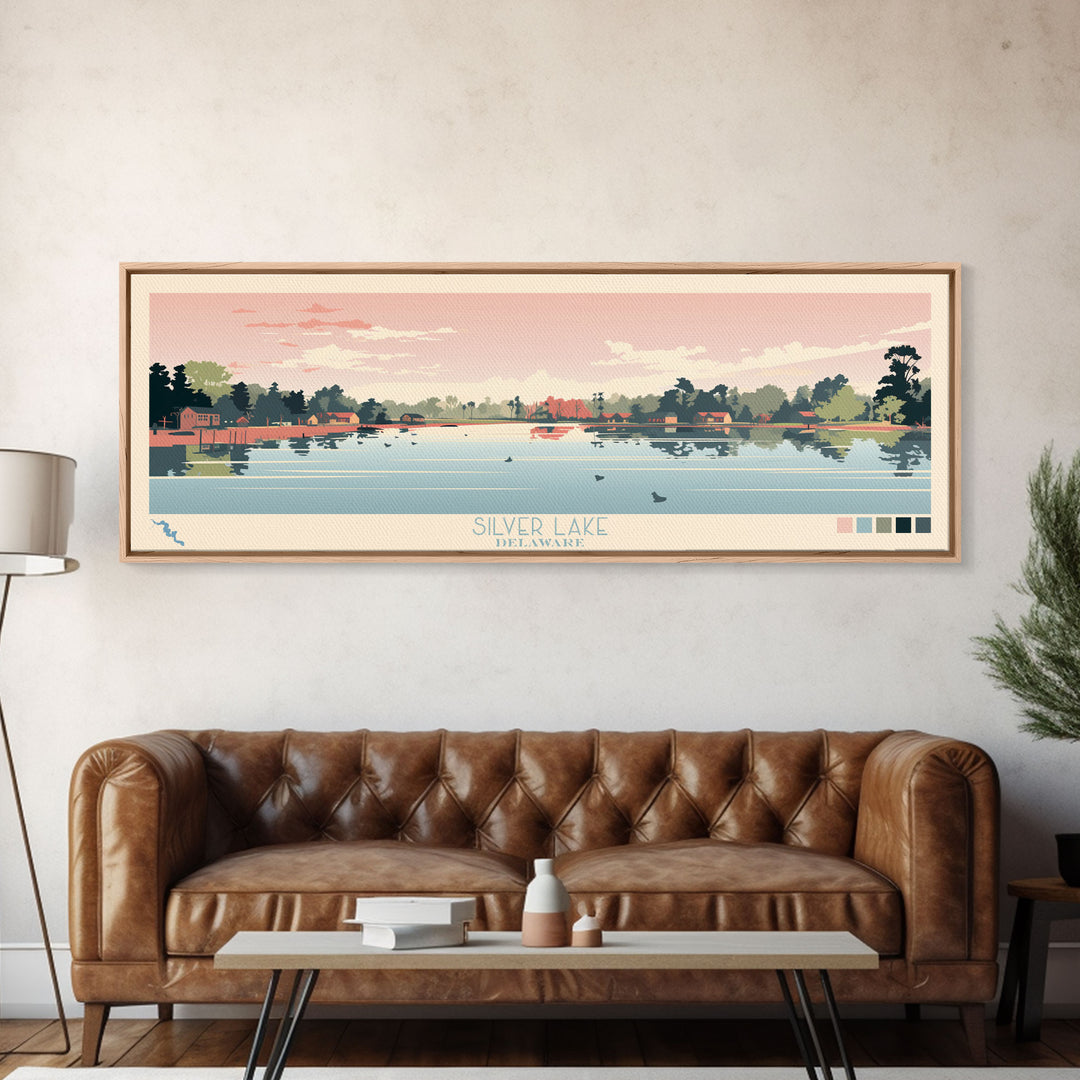 Silver Lake, Delaware Framed Canvas Print, Panoramic Wall Art, Midcentury Modern Decor, Pop Art, Travel Poster, Home Decoration