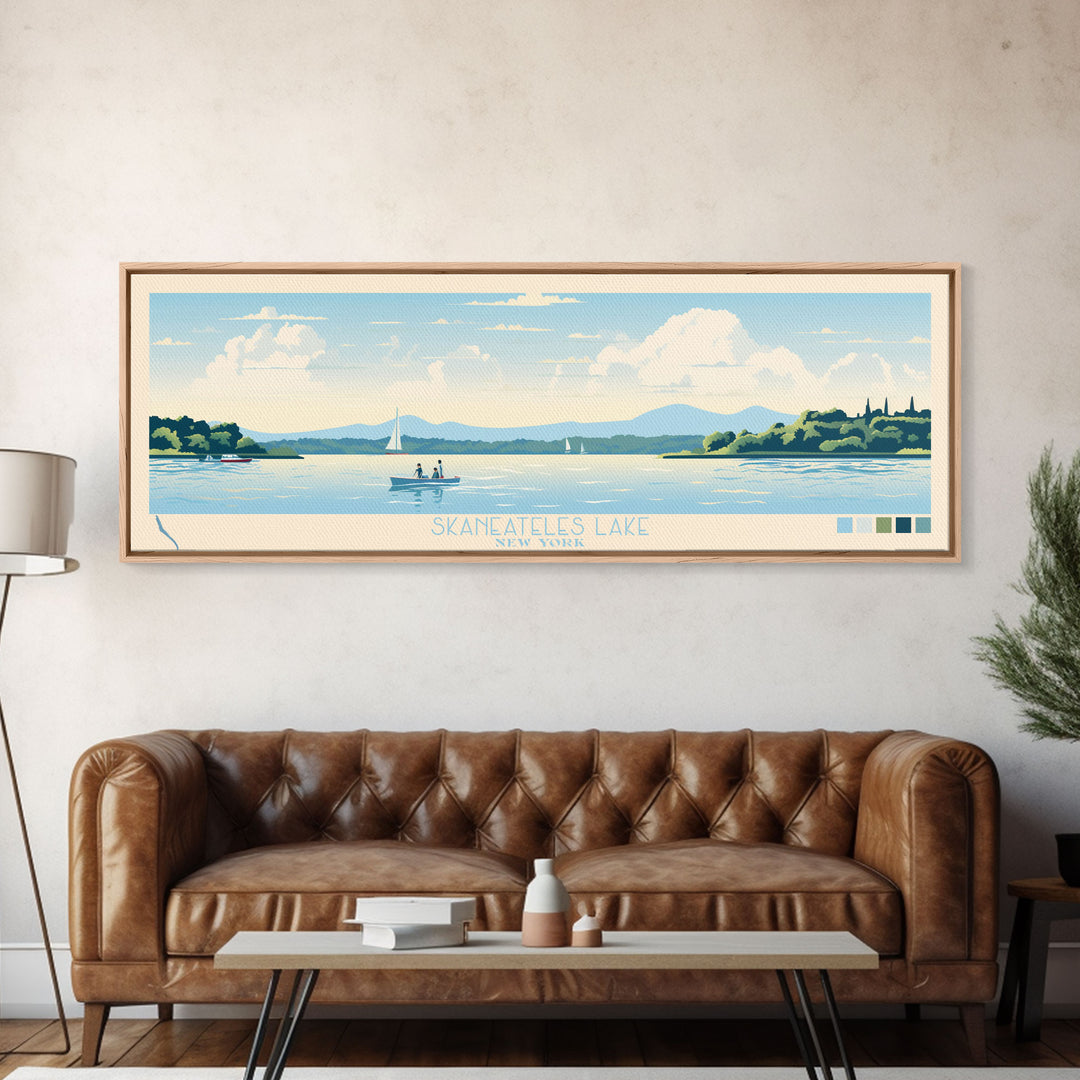 Skaneateles Lake, New York Framed Canvas Print, Lake House Art, Midcentury Modern Decor, Pop Art, Travel Poster, Living Room Wall Art