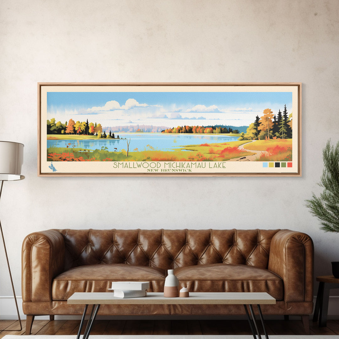 Smallwood Michikamau Lake, New Brunswick Framed Canvas Print, Lake House Art, Midcentury Modern Decor, Pop Art, Travel Poster, Living Room Wall Art