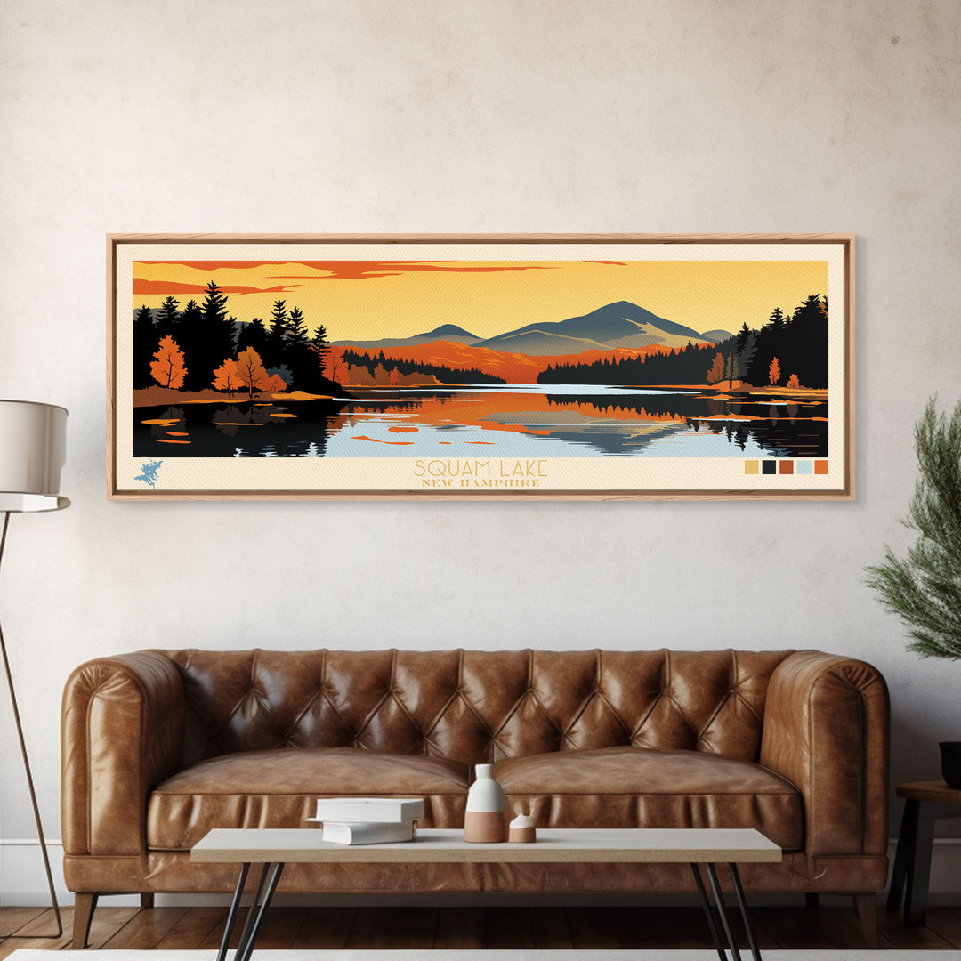 Squam Lake, New Hampshire Framed Canvas Print, Lake House Art, Midcentury Modern Decor, Pop Art, Travel Poster, Living Room Wall Art