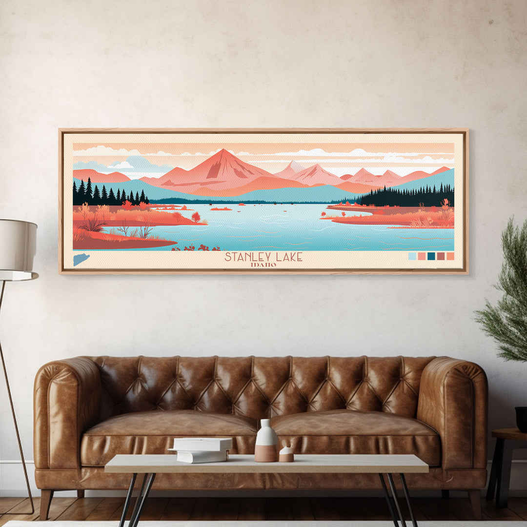 Stanley Lake, Idaho Framed Canvas Print, Lake House Art, Midcentury Modern Decor, Pop Art, Travel Poster, Living Room Wall Art