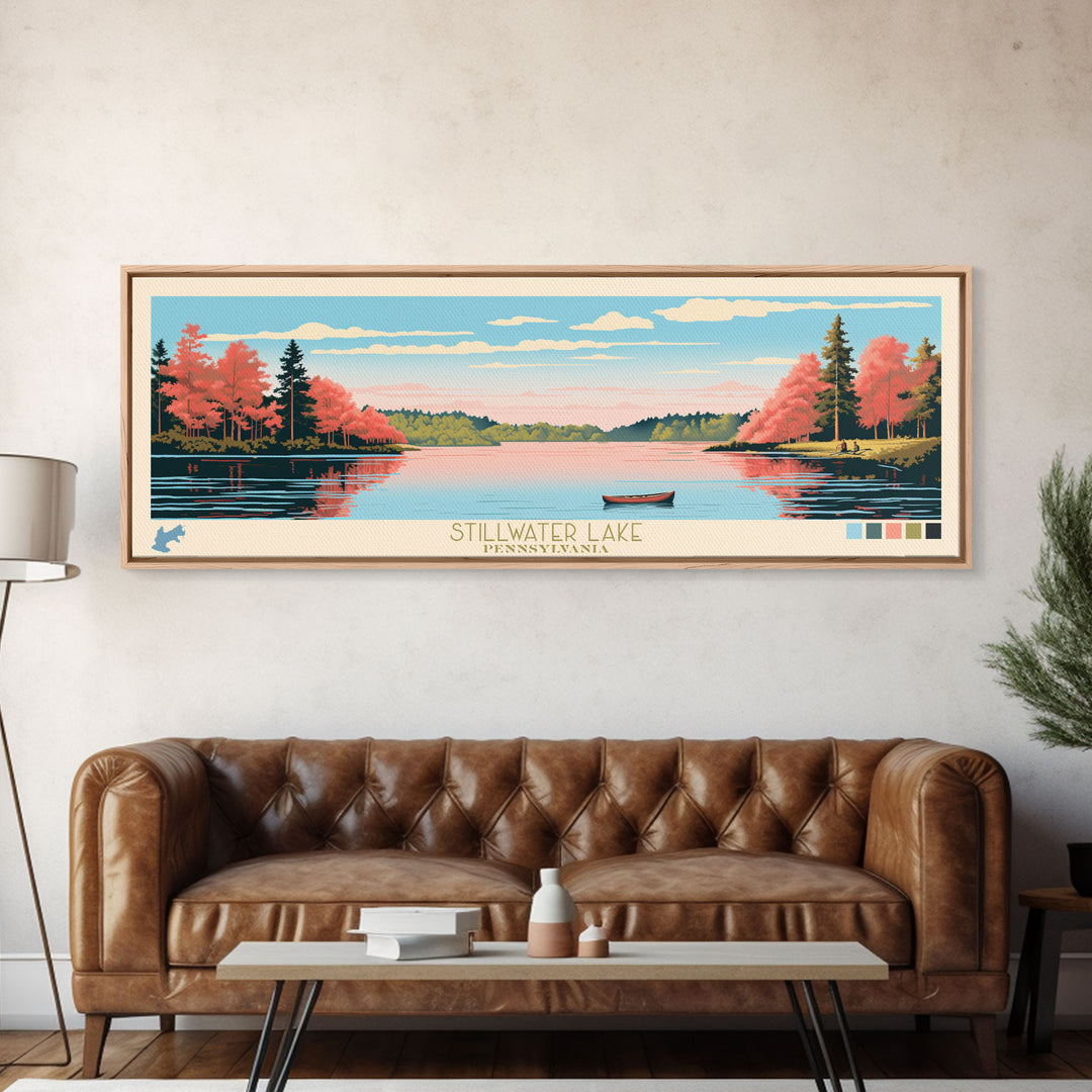 Stillwater Lake, Pennsylvania Framed Canvas Print, Lake House Decor, Midcentury Modern Art, Pop Art, Travel Poster, Bedroom Wall Art