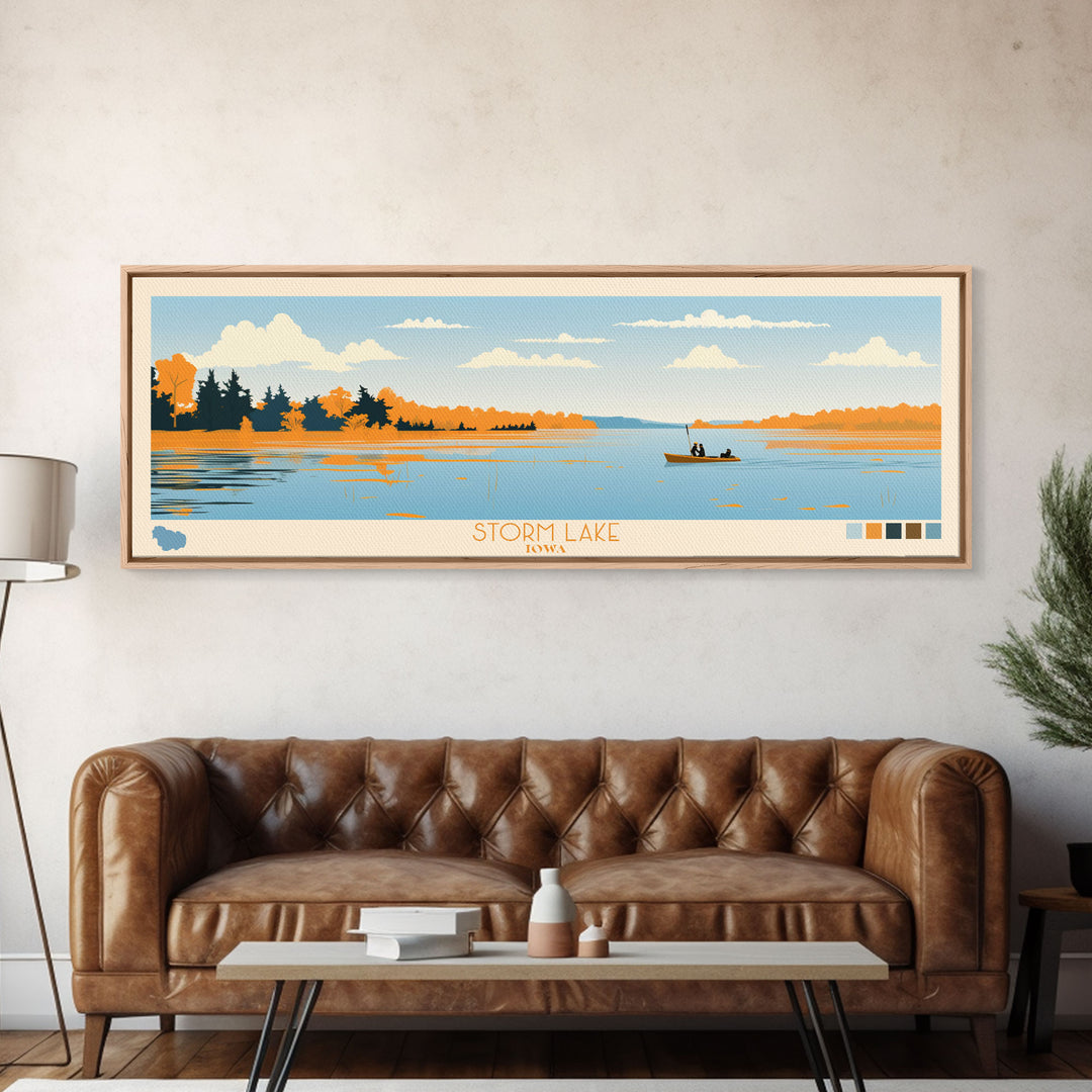 Storm Lake, Iowa Framed Canvas Print, Lake House Decor, Midcentury Modern Art, Pop Art, Travel Poster, Bedroom Wall Art