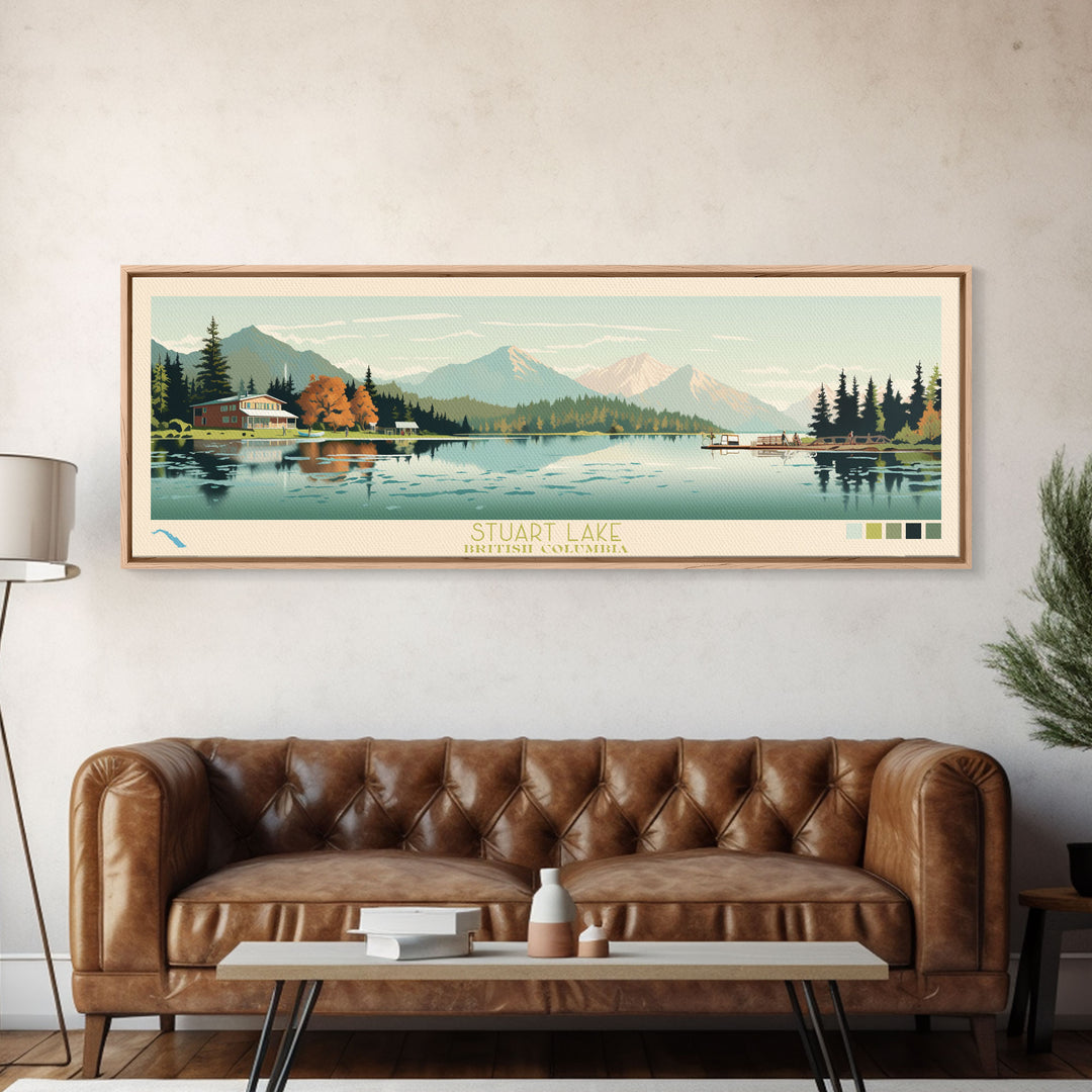 Stuart Lake, British Columbia Framed Canvas Print, Lake House Decor, Midcentury Modern Art, Pop Art, Travel Poster, Bedroom Wall Art