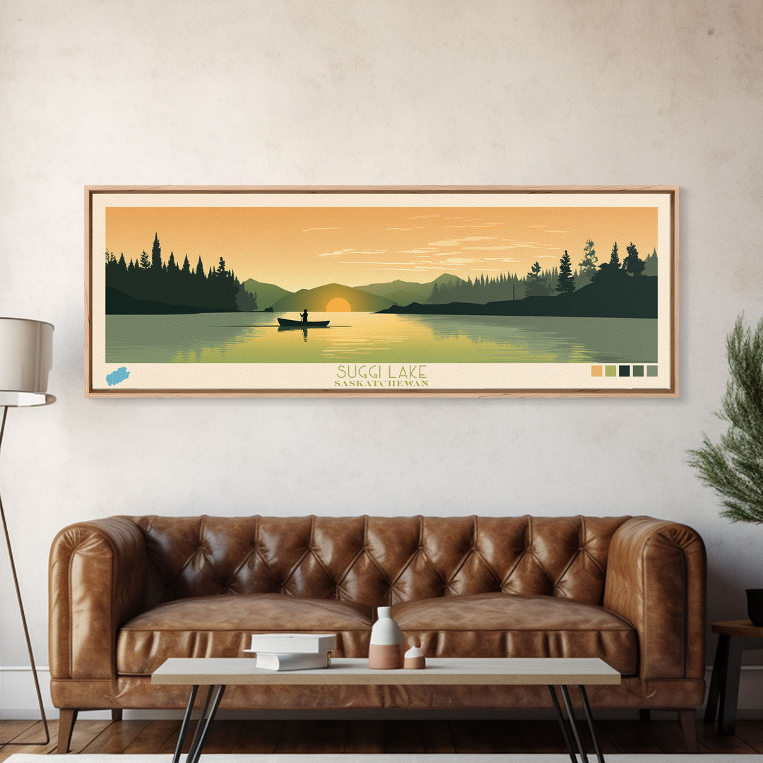 Suggi Lake, Saskatchewan Framed Canvas Print, Lake House Decor, Midcentury Modern Art, Pop Art, Travel Poster, Bedroom Wall Art