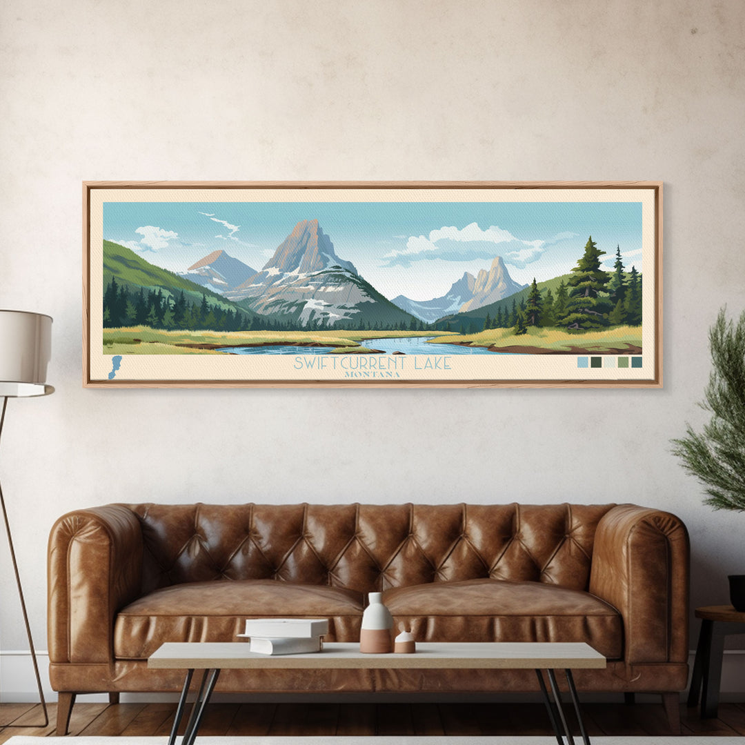 Swiftcurrent Lake, Montana Framed Canvas Print, Lake House Decor, Midcentury Modern Art, Pop Art, Travel Poster, Bedroom Wall Art