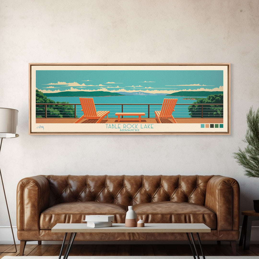 Table Rock Lake, Missouri Framed Canvas Print, Lake House Art, Midcentury Modern Decor, Pop Art, Travel Poster, Living Room Wall Art