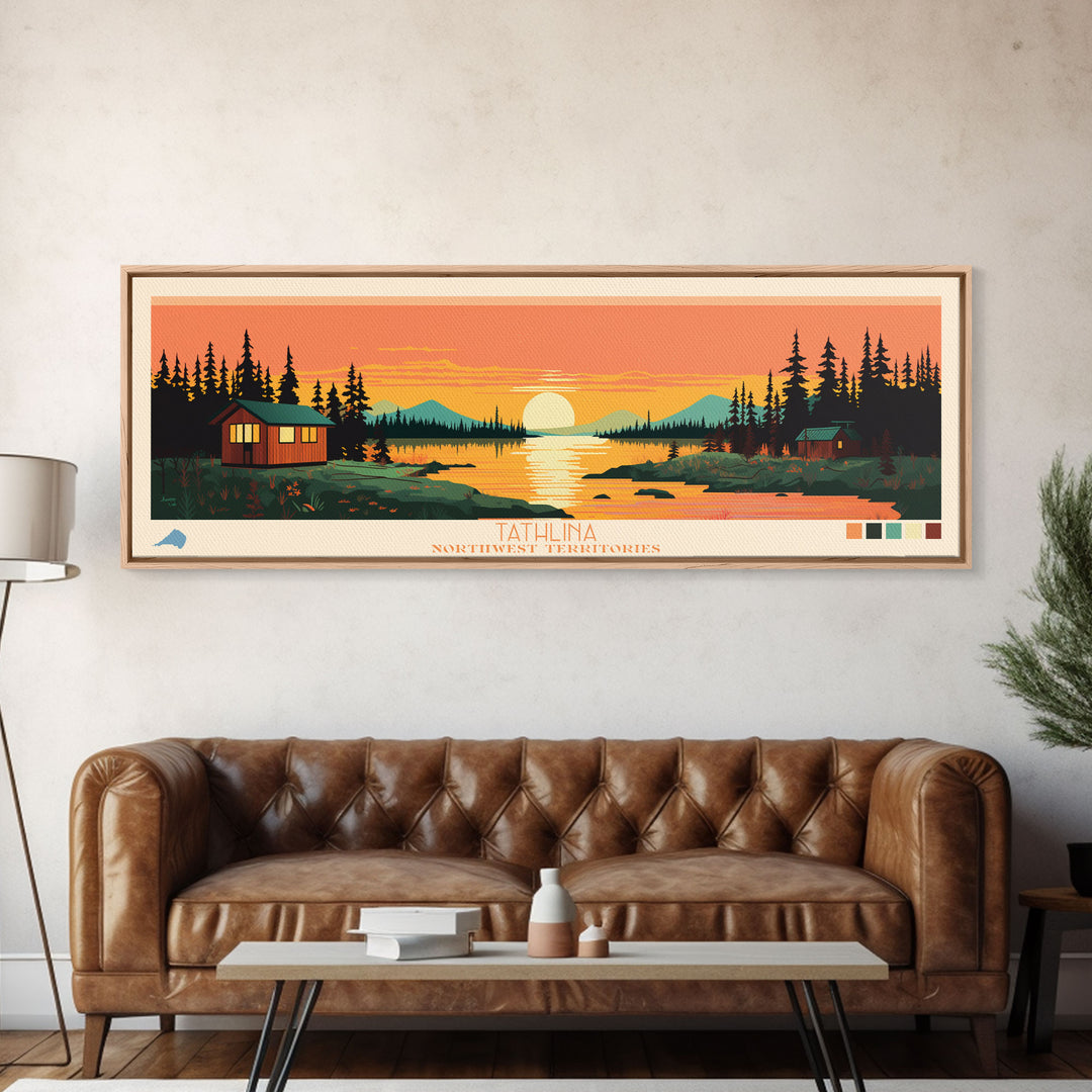 Tathlina Lake, Northwest Territories Framed Canvas Print, Lake House Art, Midcentury Modern Decor, Pop Art, Travel Poster, Wall Art