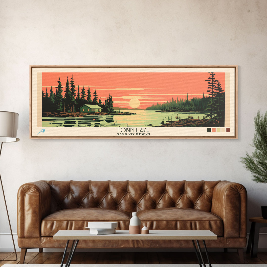 Tobin Lake, Saskatchewan Framed Canvas Print, Lake House Art, Midcentury Modern Decor, Pop Art, Travel Poster, Bedroom Wall Art