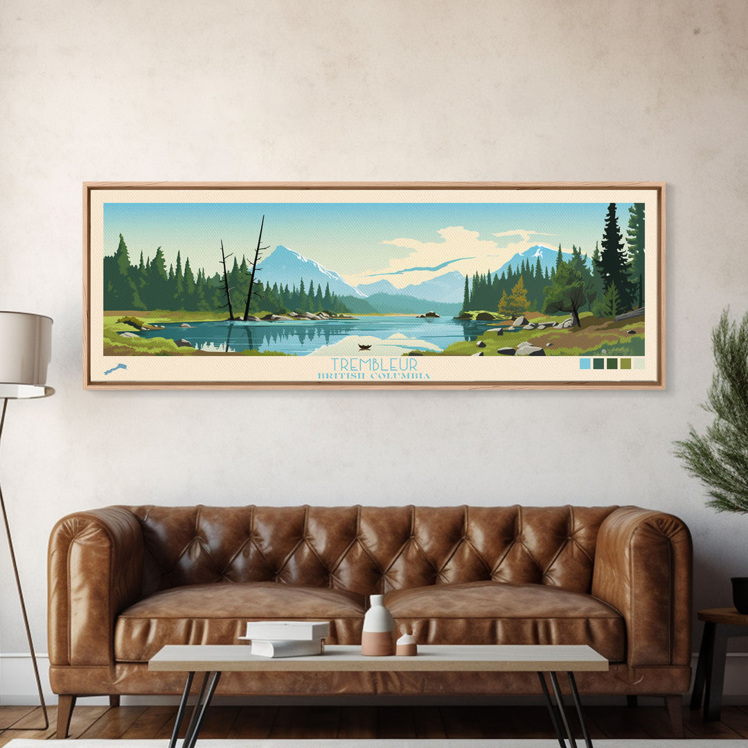 Trembleur Lake, British Columbia Framed Canvas Print, Lake House Art, Midcentury Modern Decor, Pop Art, Travel Poster, Bedroom Wall Art