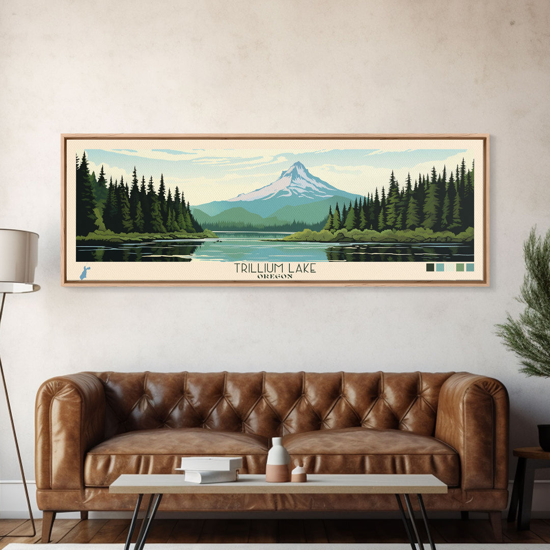 Trillium Lake, Oregon Framed Canvas Print, Lake House Art, Midcentury Modern Decor, Pop Art, Travel Poster, Bedroom Wall Art