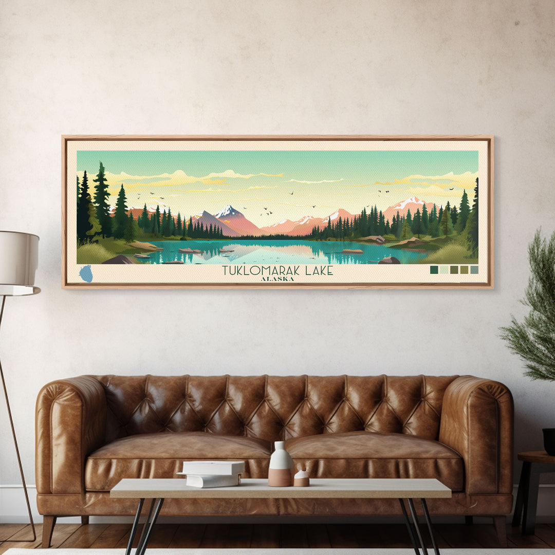 Tuklomarak Lake, Alaska Framed Canvas Print, Lake House Art, Midcentury Modern Decor, Pop Art, Travel Poster, Bedroom Wall Art