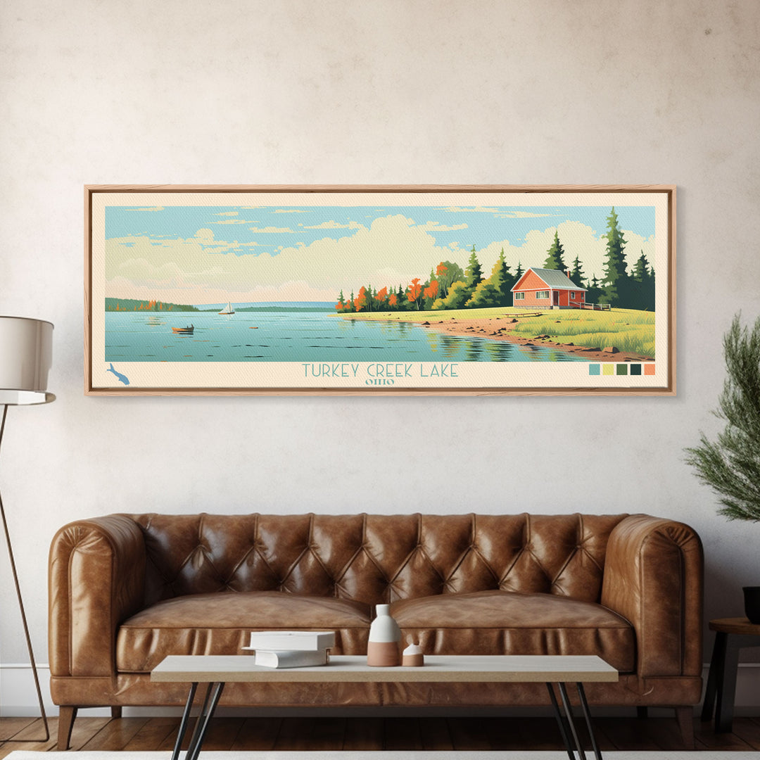 Turkey Creek Lake, Ohio Framed Canvas Print, Lake House Decor, Midcentury Modern Art, Pop Art, Travel Poster, Living Room Wall Art