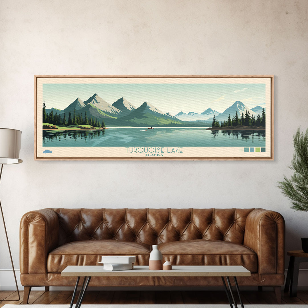 Turquoise Lake, Alaska Framed Canvas Print, Lake House Decor, Midcentury Modern Art, Pop Art, Travel Poster, Living Room Wall Art