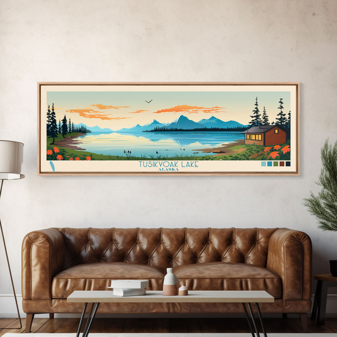 Tusikvoak Lake, Alaska Framed Canvas Print, Lake House Art, Midcentury Modern Decor, Pop Art, Travel Poster, Bedroom Wall Art