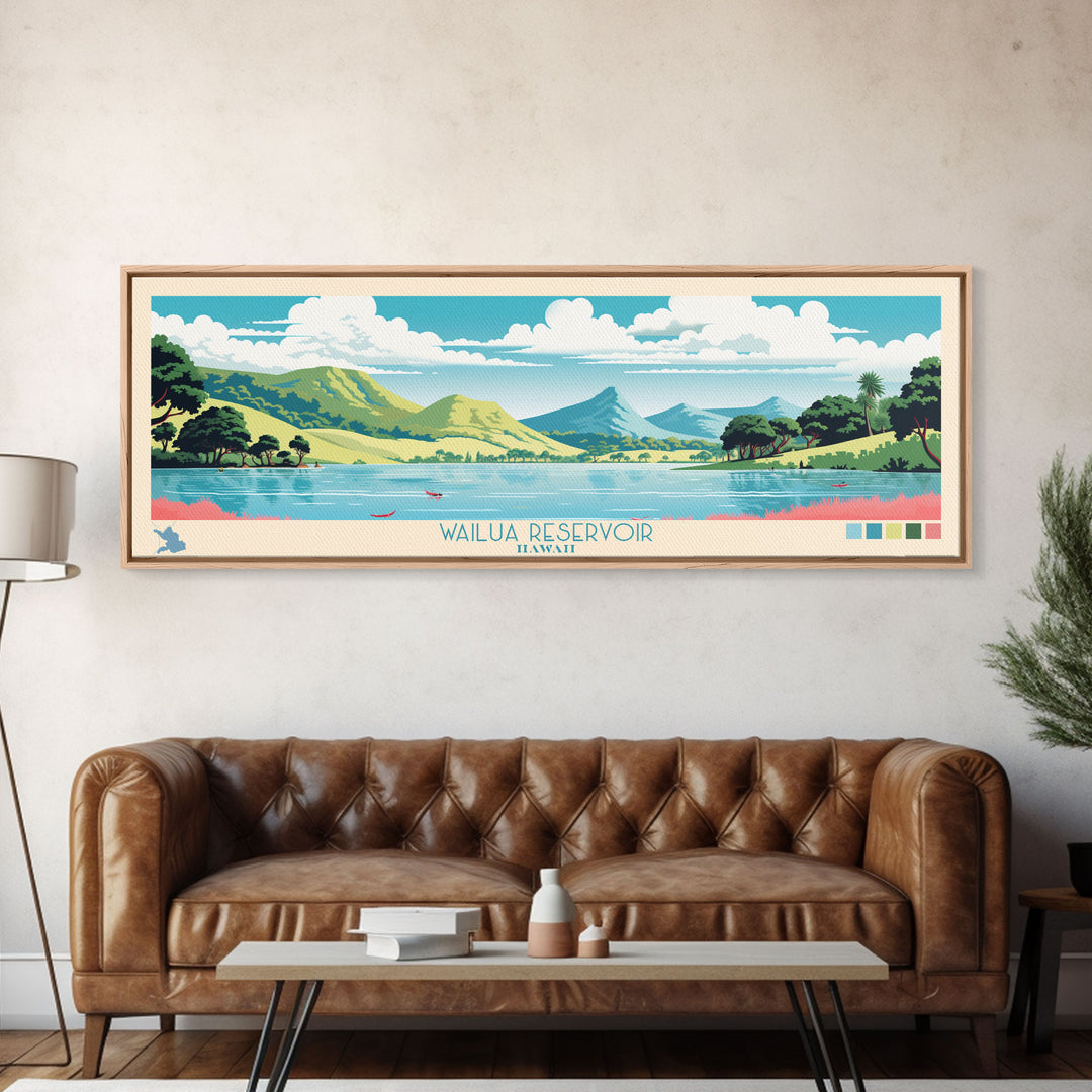 Wailua Reservoir, Hawaii Framed Canvas Print, Panoramic Lake House Art, Midcentury Modern Decor, Pop Art, Travel Poster, Living Room Wall Art