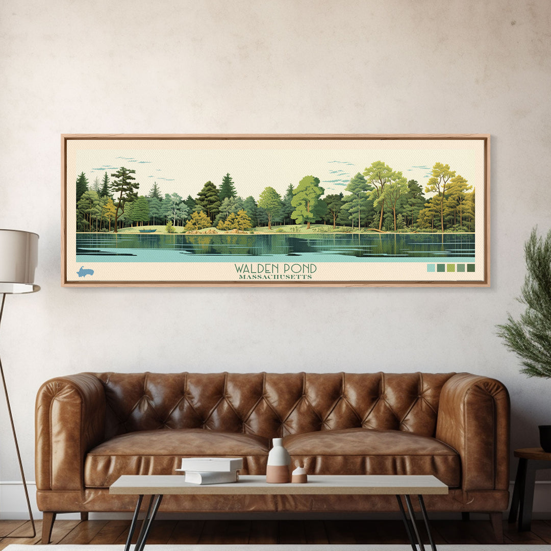 Walden Pond, Massachusetts Framed Canvas Print, Panoramic Lake House Decor, Midcentury Modern Art, Pop Art, Travel Poster, Bedroom Wall Art