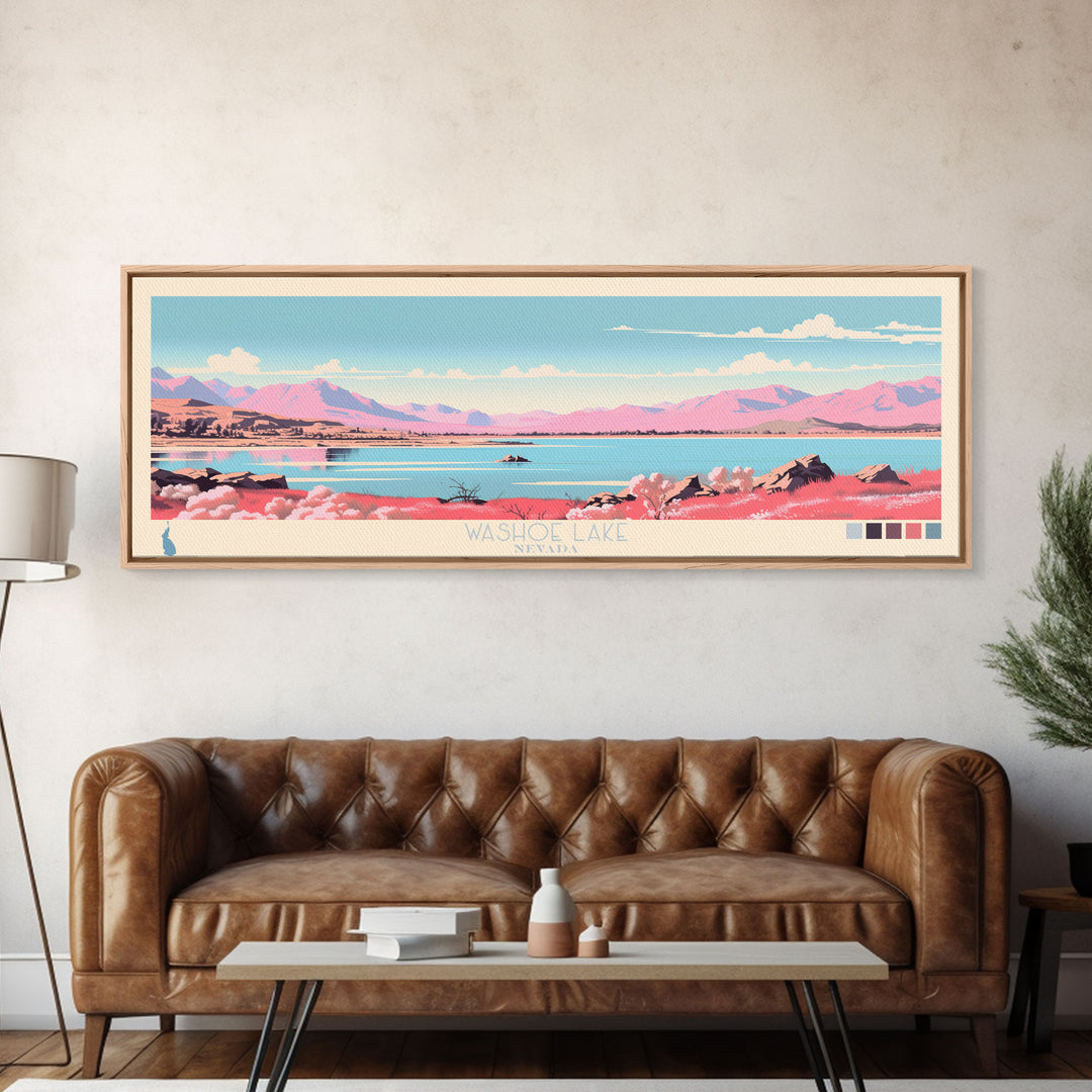 Washoe Lake, Nevada Framed Canvas Print, Panoramic Lake House Decor, Midcentury Modern Art, Pop Art, Travel Poster, Bedroom Wall Art