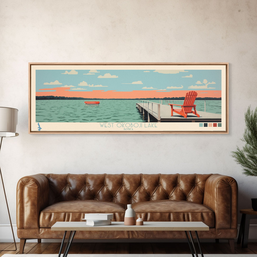 West Okoboji Lake, Iowa Panoramic Framed Canvas Print, Lake House Art, Midcentury Modern Decor, Pop Art, Travel Poster, Bedroom Wall Art