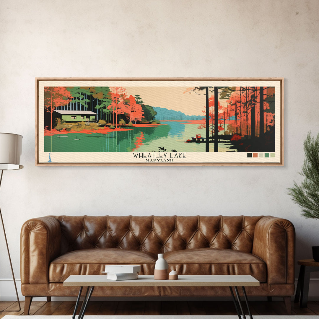 Wheatley Lake, Maryland Framed Canvas Print, Lake House Art, Panoramic Midcentury Modern Decor, Pop Art, Travel Poster, Bedroom Wall Art