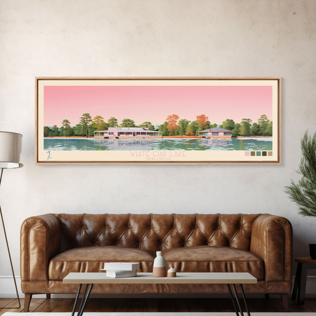 White Oak Lake, Arkansas Framed Canvas Print, Panoramic Lake House Decor, Midcentury Modern Art, Pop Art, Travel Poster, Living Room Wall Art