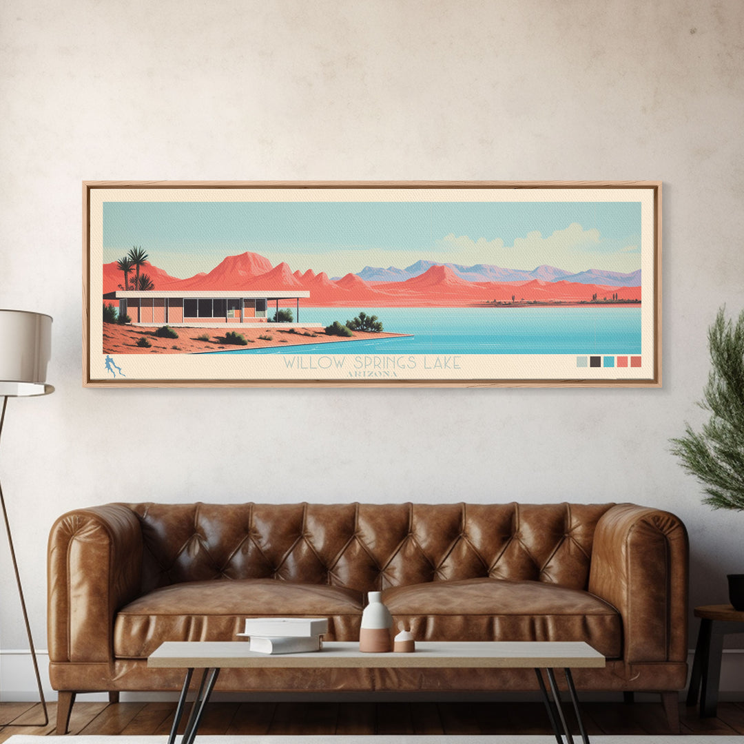 Willow Springs Lake, Arizona Panoramic Framed Canvas Print, Lake House Decor, Midcentury Modern Art, Pop Art, Travel Poster