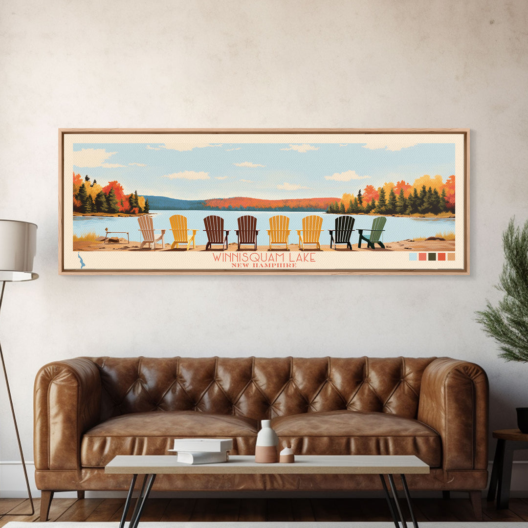 Winnisquam Lake, New Hampshire Panoramic Framed Canvas Print, Lake House Decor, Midcentury Modern Art, Pop Art, Travel Poster