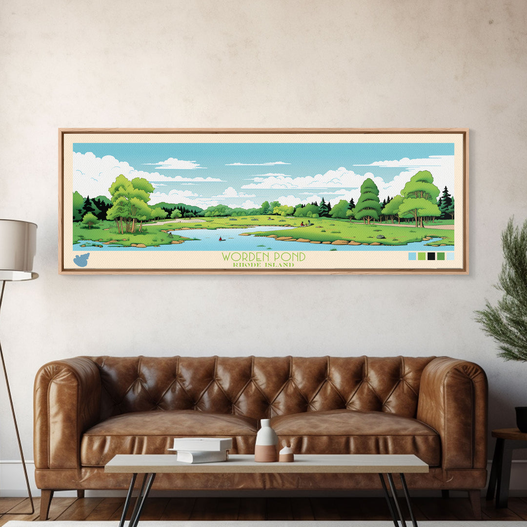 Worden Pond, Rhode Island Framed Canvas Print, Panoramic Lake House Decor, Midcentury Modern Art, Pop Art, Travel Poster