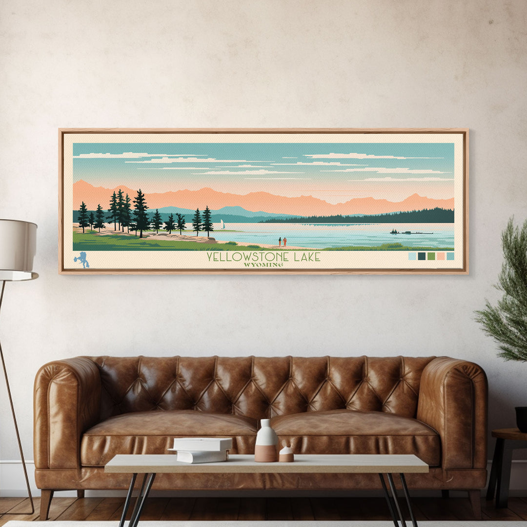 Yellowstone Lake, Wyoming Panoramic Framed Canvas Print, Lake House Art, Midcentury Modern Decor, Pop Art, Travel Poster